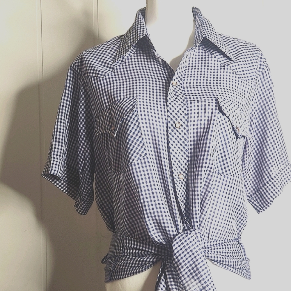 Vintage Blue White Gingham Western Cat Eye Snaps Boxy Oversized Rockabilly Shirt